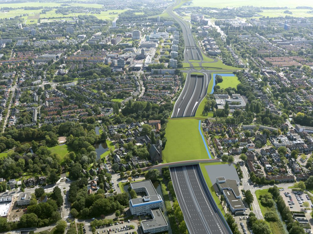 Luchtfoto gecombineerd met een visualisatie van de nieuwe situatie van Amstelveen
