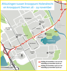afsluitingen A9 weekend 26 - 29 november. Hierboven beschreven