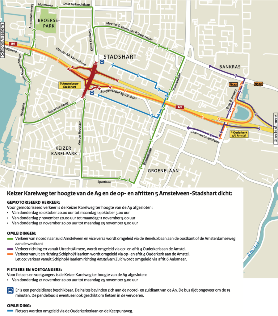 De Keizer Karelweg ter hoogte van de A9 en de op- en afritten 5 Amstelveen Stadshart zijn vanaf donderdag 21 november om 20.00 dicht. Op maandag 25 november gaat de weg weer open om 05.00 uur.