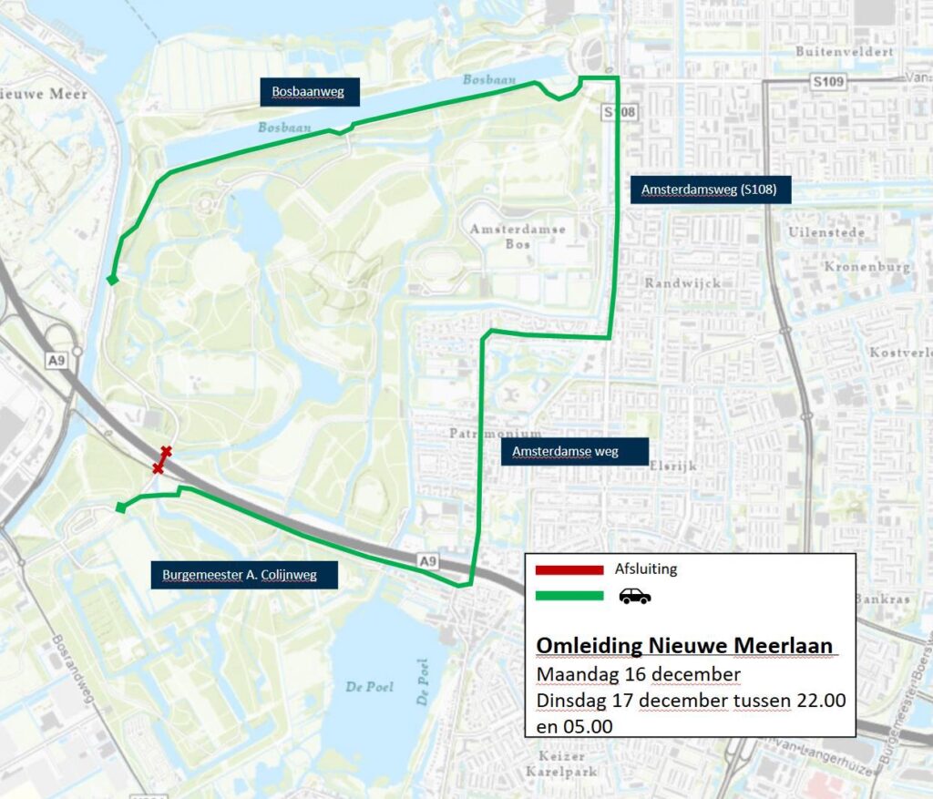 Op maandag 16 en dinsdag 17 december is de Nieuwe Meerlaan afgesloten voor autoverkeer in de nachten tussen 22.00 en 5.00 uur. Doorgaand autoverkeer wordt omgeleid via de Burgemeester A. Colijnweg en de Amsterdamse weg