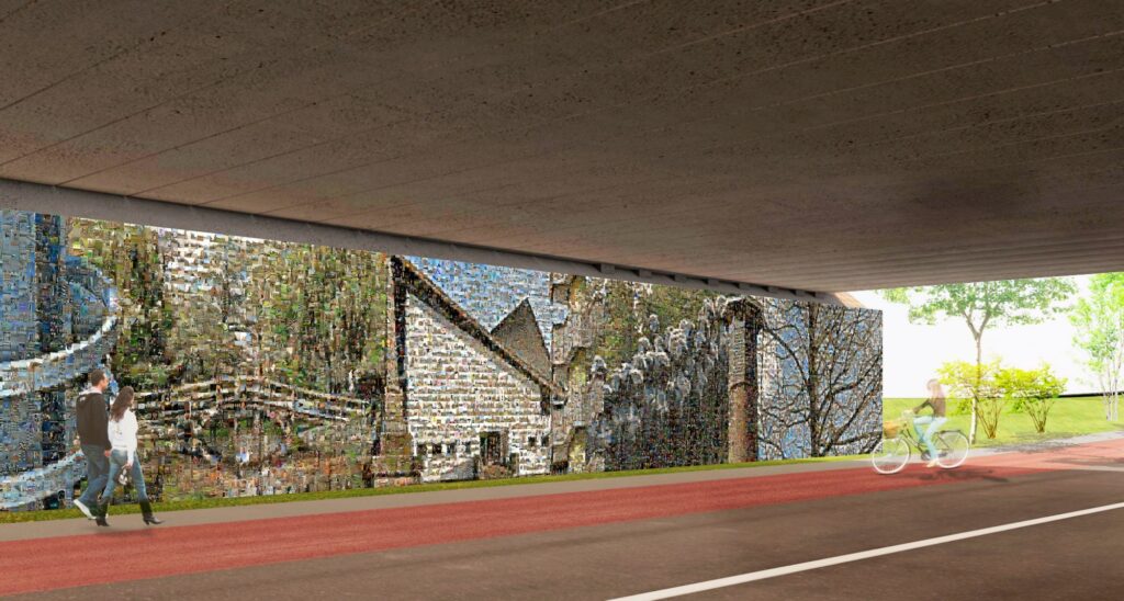 Ontwerp van het A9 viaduct over de Beneluxbaan gemaakt door het Uithoornse kunstenaarsduo AlexP; Alex Prooper en Simone van Dam