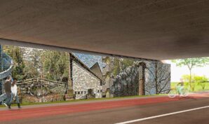 Ontwerp van het A9 viaduct over de Beneluxbaan gemaakt door het Uithoornse kunstenaarsduo AlexP; Alex Prooper en Simone van Dam