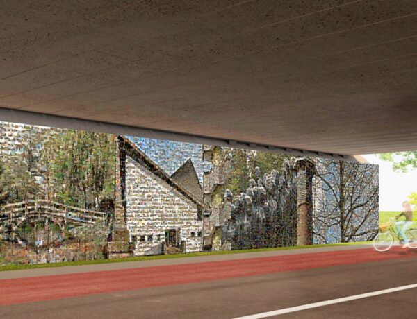 Ontwerp van het A9 viaduct over de Beneluxbaan gemaakt door het Uithoornse kunstenaarsduo AlexP; Alex Prooper en Simone van Dam